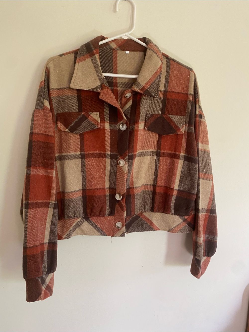 Plaid Button-Up Crop Jacket in Rust and Cream